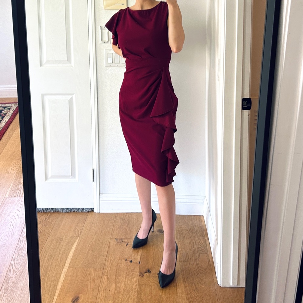 ❤️LAST CHANCE❤️ Retro Burgundy Bodycon Dress Sleeveless Ruffle